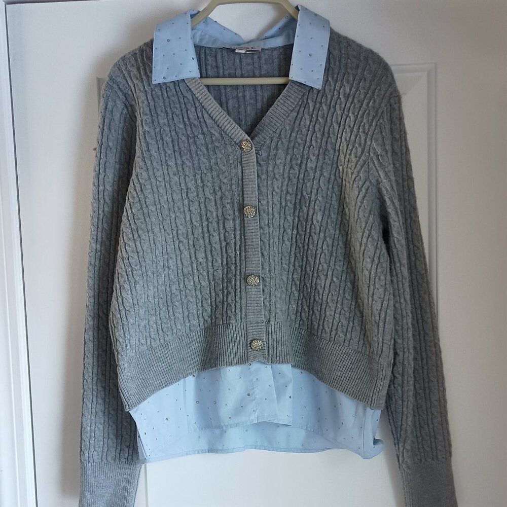 NEW! NANETTE LEPORE GREY SWEATER W/BLUE BEADED BLOUSE